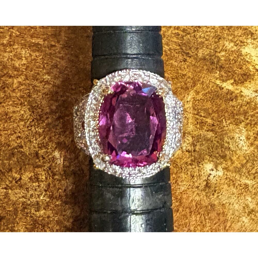 Gold Vermeil over Sterling, Lab Created Pink Sapphire & CZ Cocktail Ring Sz 6 - Picture 7 of 9